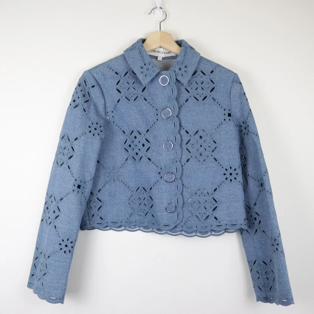 Veronica Beard Adelaide Jacket 0 Sea Glare Blue Denim Eyelet
